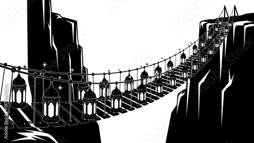 Intricate Black and White Illustration of a Lantern-Adorned Suspension Bridge Connecting Cliffs