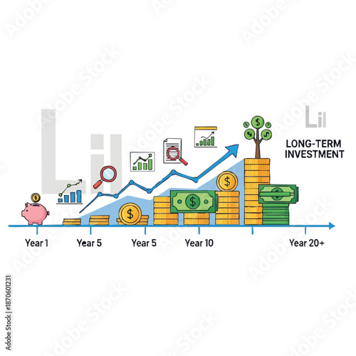 Long-term investment growth with rising stacks of money and coins.
