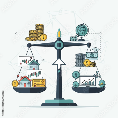 balance scale weighing financial assets and investments.