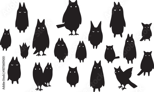 Group of black owls on white background illustration