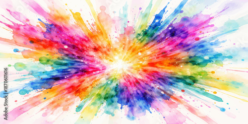 An abstract colorful background featuring a bright rainbow explosion of stars and fractal paint swirls creates a vibrant fantasy wallpaper texture with light bursts and floral ornament lines