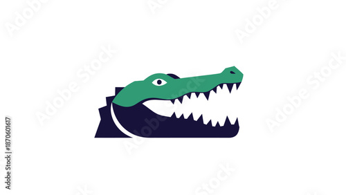 Green crocodile head with open mouth and sharp teeth, side view, white background.