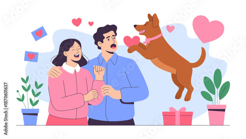 A Couple's Doggy Delight: Capture the whimsical moment of a happy couple, their beloved dog jumping with excitement, amidst a scene of affection, love hearts, and heartwarming gifts.
