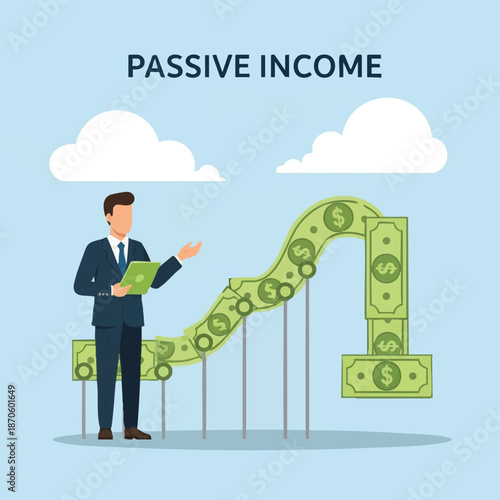 Man enjoying passive income graph with rising dollars.