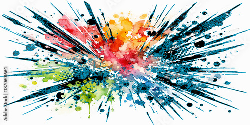 An abstract colorful background of glass water drops and paint splashes creates a macro floral illustration with vibrant peacock blue textures and a light star explosion art design