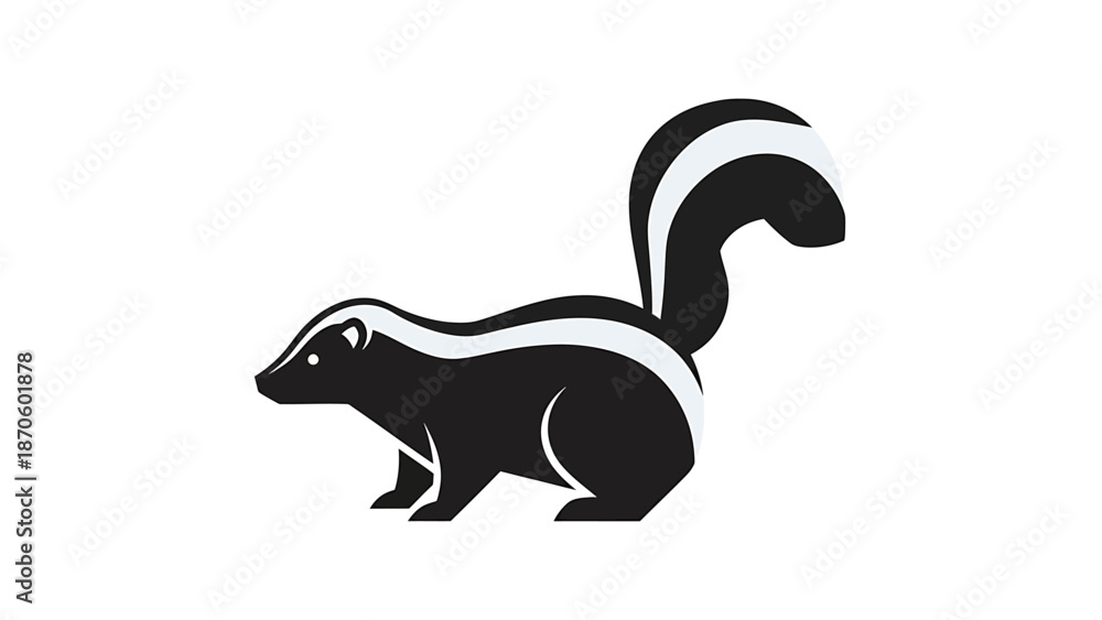 Obraz premium Striking black and white skunk illustration with distinctive striped markings and fluffy tail.