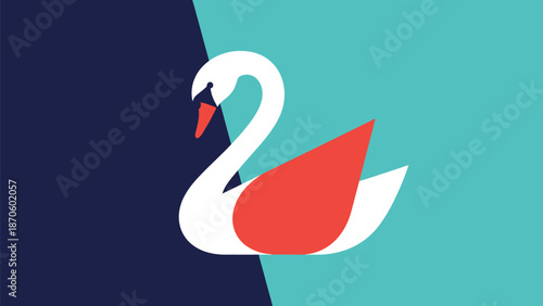 Elegant swan illustration with red accents on a vibrant background, simple design.
