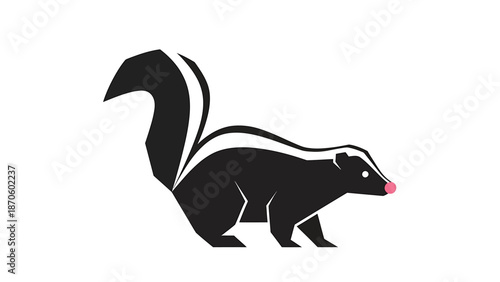 Striking illustration of a skunk with bold black and white stripes, standing proudly.