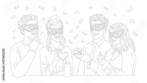 Carnival of Elegance: A group of elegantly masked individuals, draped in sophisticated attire, engage in playful interaction as confetti showers around them.