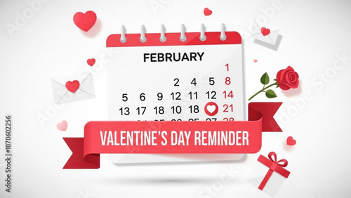 Valentines day reminder calendar with red ribbon and rose on white background
