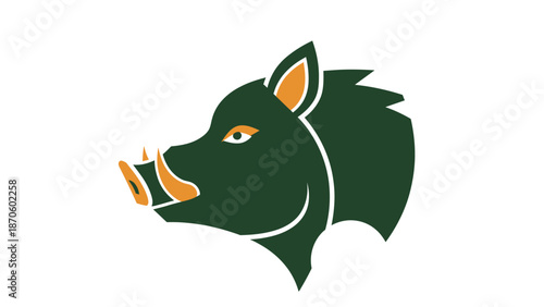 Stylized illustration of a wild boar head, perfect for logos and designs, green and orange.