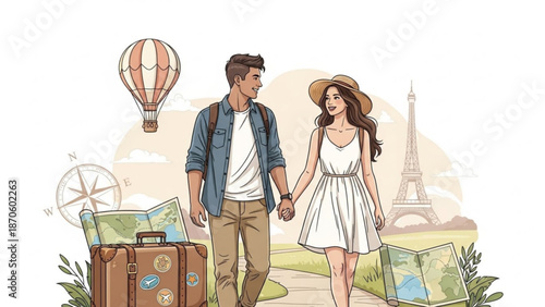 Young couple holding hands walking towards eiffel tower with luggage and travel map
