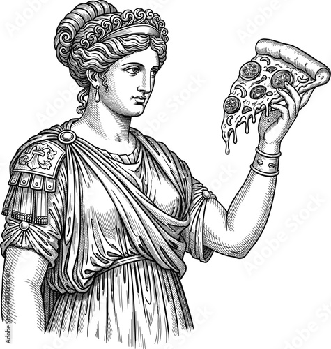 Vintage black and white engraving of a classical Greek goddess holding a slice of pepperoni pizza for creative Italian restaurant branding