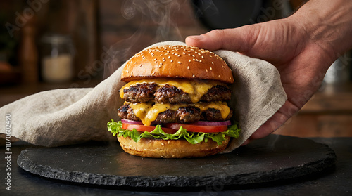 Принти на полотні Hand holding steaming hot double cheeseburger on slate
