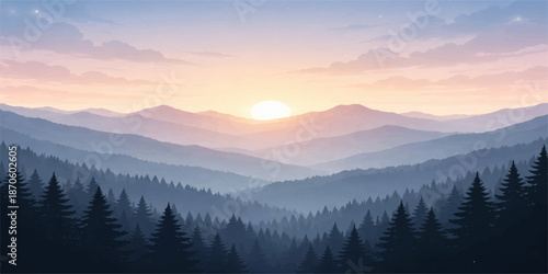 A breathtaking morning view of a misty sunrise and golden sunset over the snowy Alps where clouds and fog drift through a forest valley in the mountain wilderness