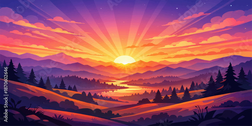 A vibrant orange sky glows over a majestic mountain landscape at dawn and dusk, where the sun casts warm light through clouds and mist to reveal the natural beauty of the peaks