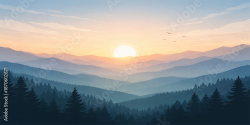 A golden sunrise illuminates the snowy mountain peaks as morning mist drifts through the forest valley beneath a glowing sky at dawn