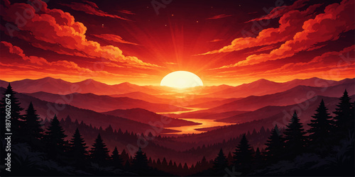 A beautiful summer landscape view of the sun glowing over mountain peaks with colorful orange and red clouds in the sky during a golden sunrise and sunset evening dusk