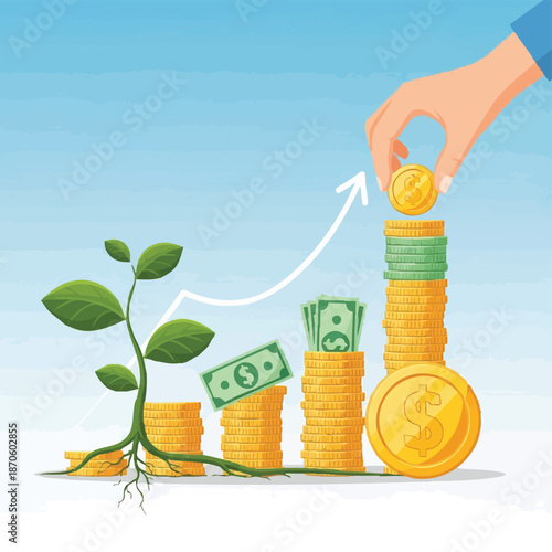 Growing investment with coins and money.