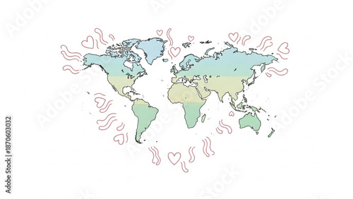 A colorful world map with pink hearts and squiggles on a white background symbolizing