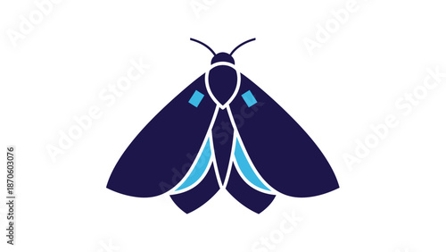 Elegant dark blue moth illustration with geometric wings and antennae design.