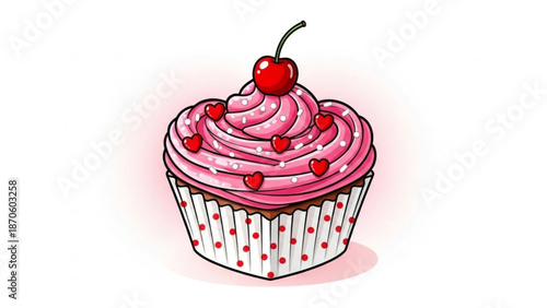 A pink frosted cupcake with a cherry on top and heart sprinkles in a white wrapper