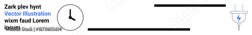 Time management, energy efficiency, workflow optimization, scheduling, power consumption, productivity. Clock icon linked with electric plug. Time management and energy efficiency concept