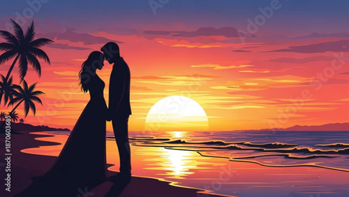 Romantic couple silhouette kissing on tropical beach at vibrant sunset with palm trees