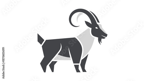 Geometric illustration of a majestic mountain goat with curved horns and a determined gaze.