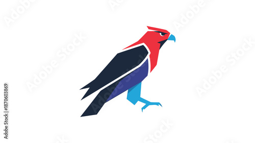 Geometric illustration of a vibrant red and blue bird with sharp features and a determined gaze.
