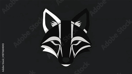 Artistic black and white fox face illustration with geometric design on dark background.