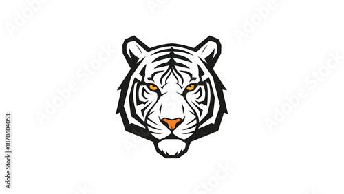 Intense tiger face illustration showcasing striking black stripes and piercing eyes.