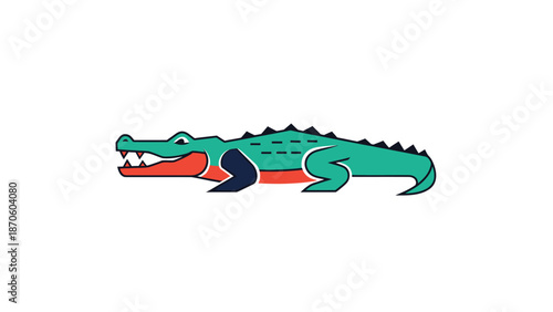Vibrant illustration of a stylized green crocodile with open jaws and sharp teeth.