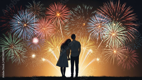 Couple watching colorful fireworks display on romantic night with celebration