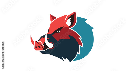 Intense wild boar head illustration with sharp tusks and fierce expression.