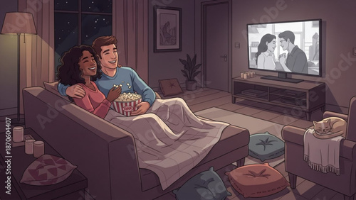 Cozy couple watching romantic movie together on couch at home with popcorn in a comfortable