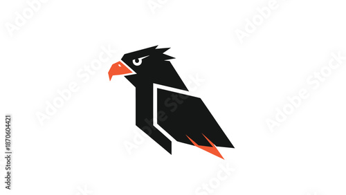 Geometric black eagle illustration with orange beak and sharp gaze, isolated on white background.