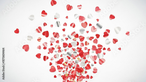 Red and white heart shapes floating in air on white background for love and romance concepts