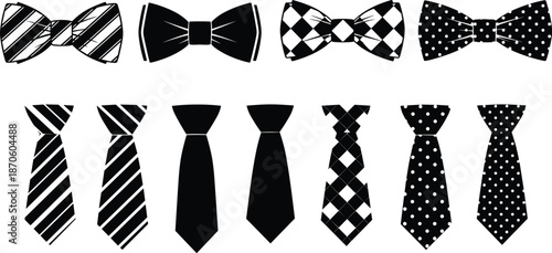 Neckwear vector set with bow ties and neckties in assorted patterns for fashion, style, and formalwear design themes.