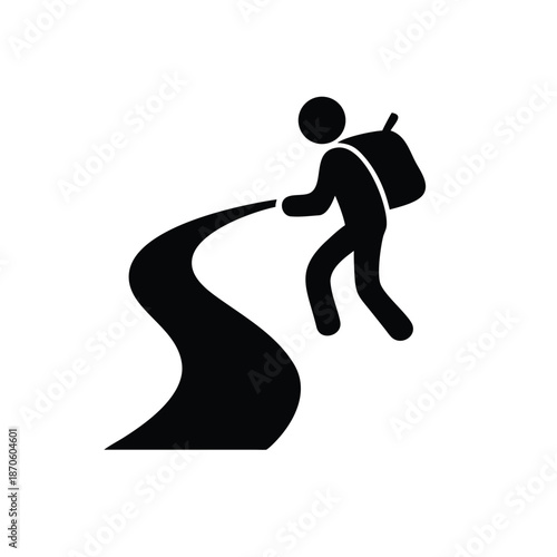 Backpacking person ascending winding mountain path