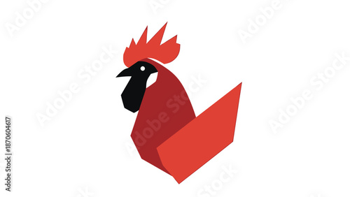 Stylized red rooster illustration with sharp angles and modern design.