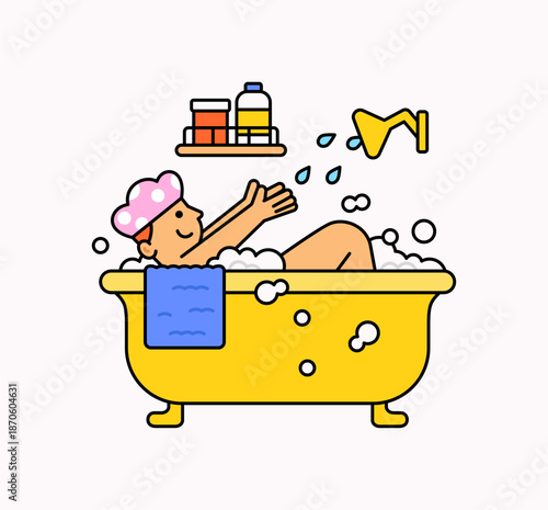 Cute cartoon illustration of a person enjoying a bubble bath in a yellow tub with towel, shower cap, and bath products. Cozy wellness scene perfect for self-care, spa, relaxation, and hygiene