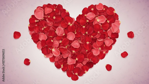 A heart shape made of red and pink rose petals on a soft pink background for love