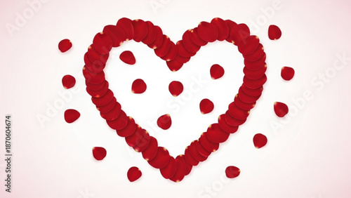A heart shape made of red rose petals on a white background with scattered petals around it