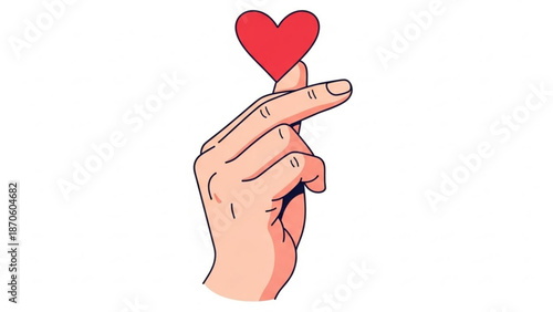 A cartoon hand holds a red heart on finger tip with white background with love