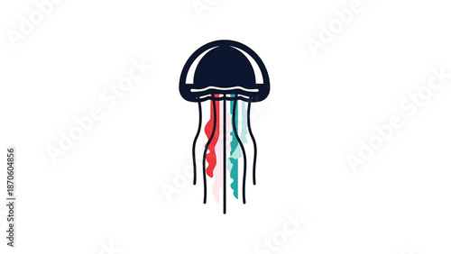 Jellyfish illustration with colorful tentacles, minimalist design, marine life concept, ocean creature art.