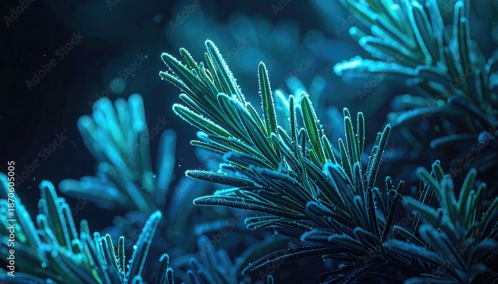 Obraz premium Close-up of icy, green plant branches under a cool, blue light
