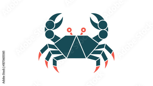 Geometric crab illustration with symmetrical design and vibrant colors on white background.