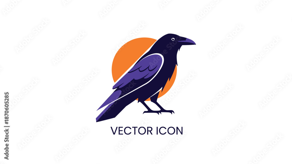Fototapeta premium Elegant Raven Silhouette Against Orange Circle - Vector Icon Design.