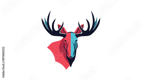 Geometric deer head illustration with vibrant colors and artistic design on white background.